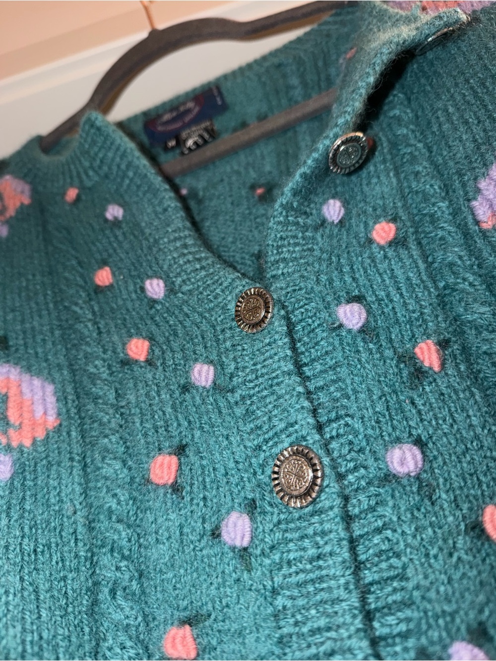 Vintage Allen Solly Teal Floral Knit Cardigan Sweater - Picture 3 of 8